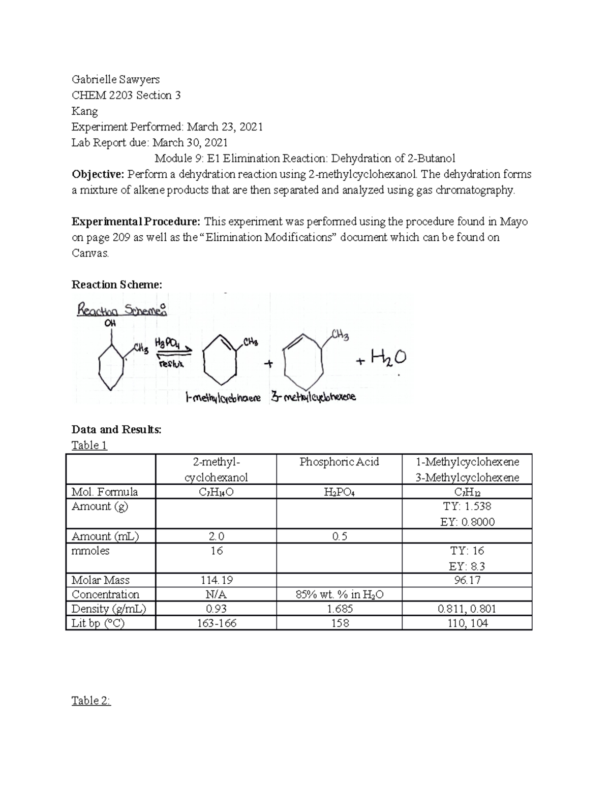 Module 8 Lab Report - Gabrielle Sawyers CHEM 2203 Section 3 Kang ...