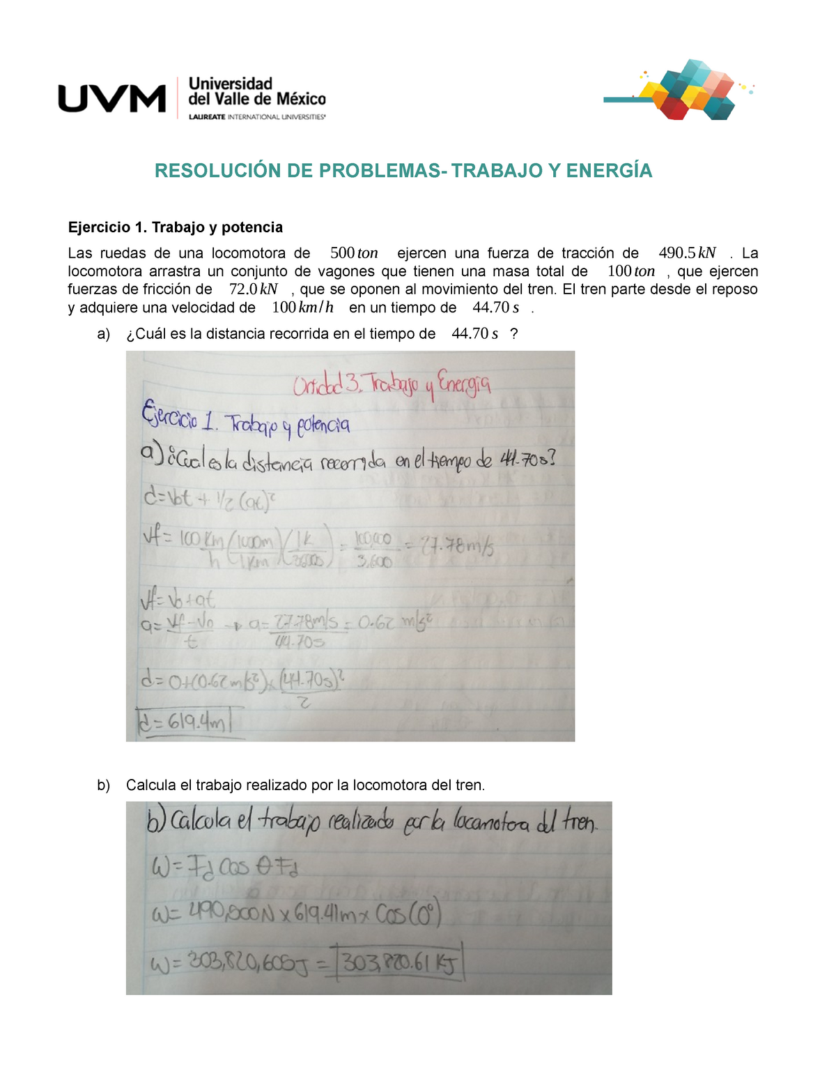 UVM Física Unidad 3. Trabajo Y Energía Actividad 4. Ejercicios ...