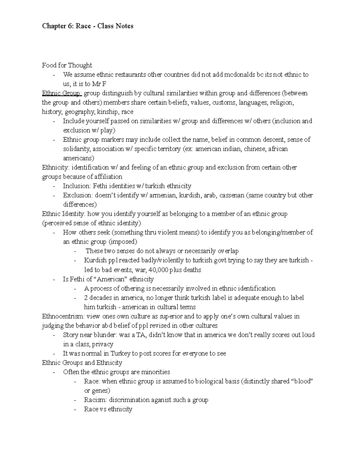 Class Notes 6 - Race - Dr. Fethi - Chapter 6: Race - Class Notes Food ...