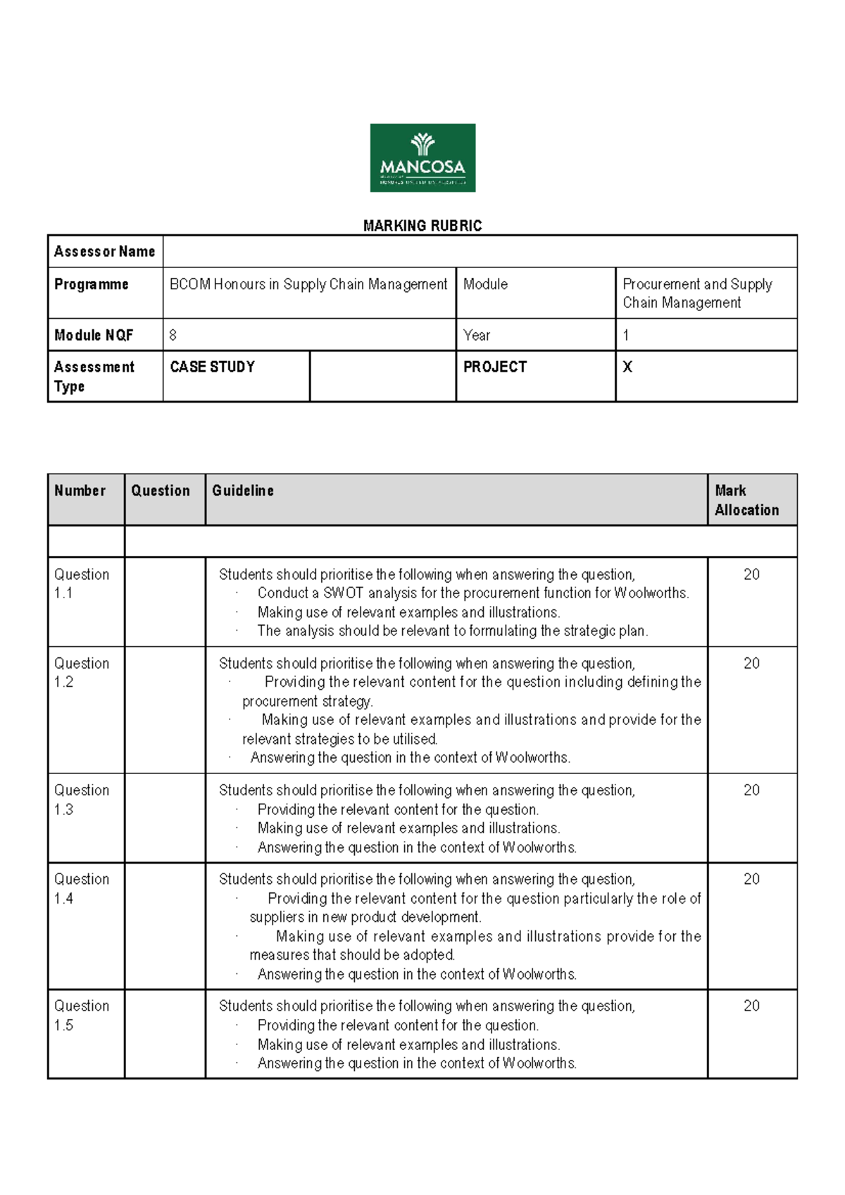 Rubric fomartive assessment 2 procurement and supply chain management ...