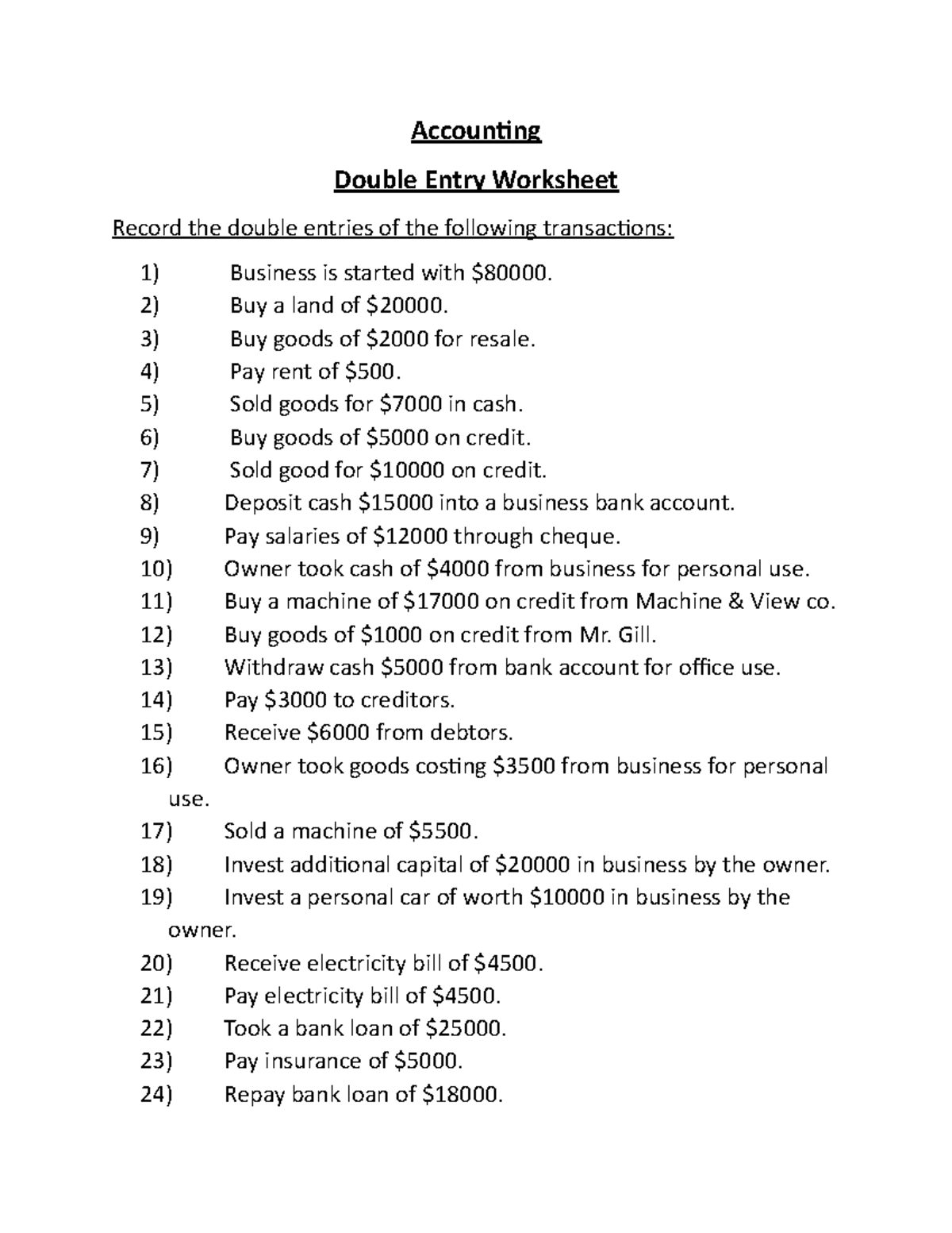 Accounting De Worksheet Accounting Double Entry Worksheet Record The Double Entries Of The 2949