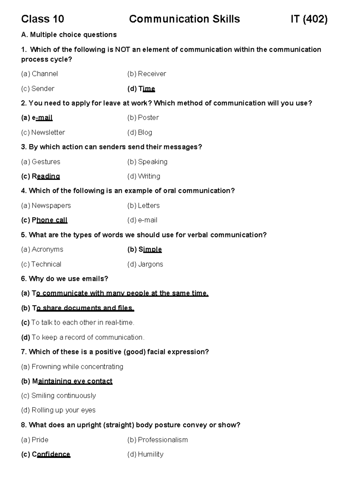 Chapter 1- Communication Skills Class 10 notes - A. Multiple choice ...