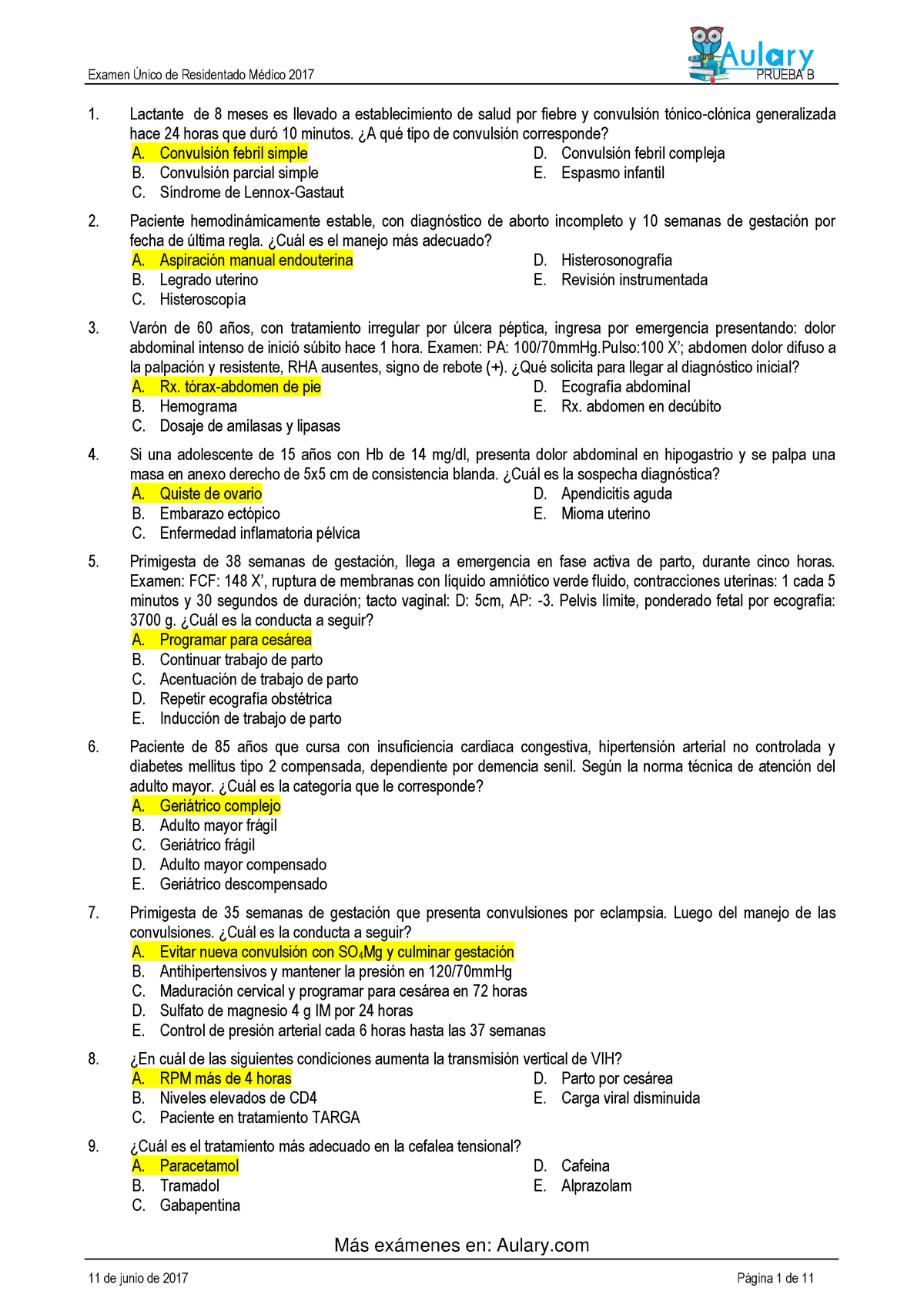 Examen 2017 B Aulary - Lactante De 8 Meses Es Llevado A Establecimiento ...