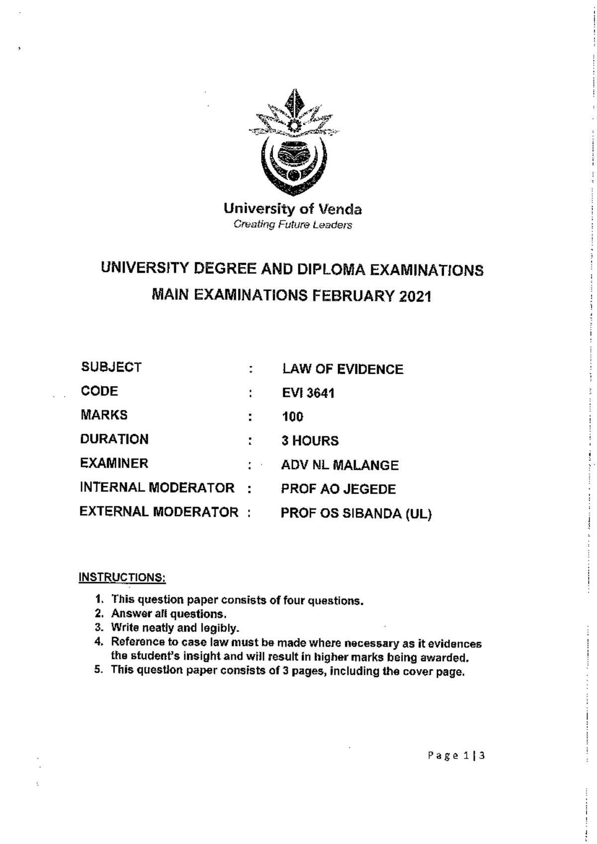 Evi 4 - Previous exam question paper - University of Venda Creating ...