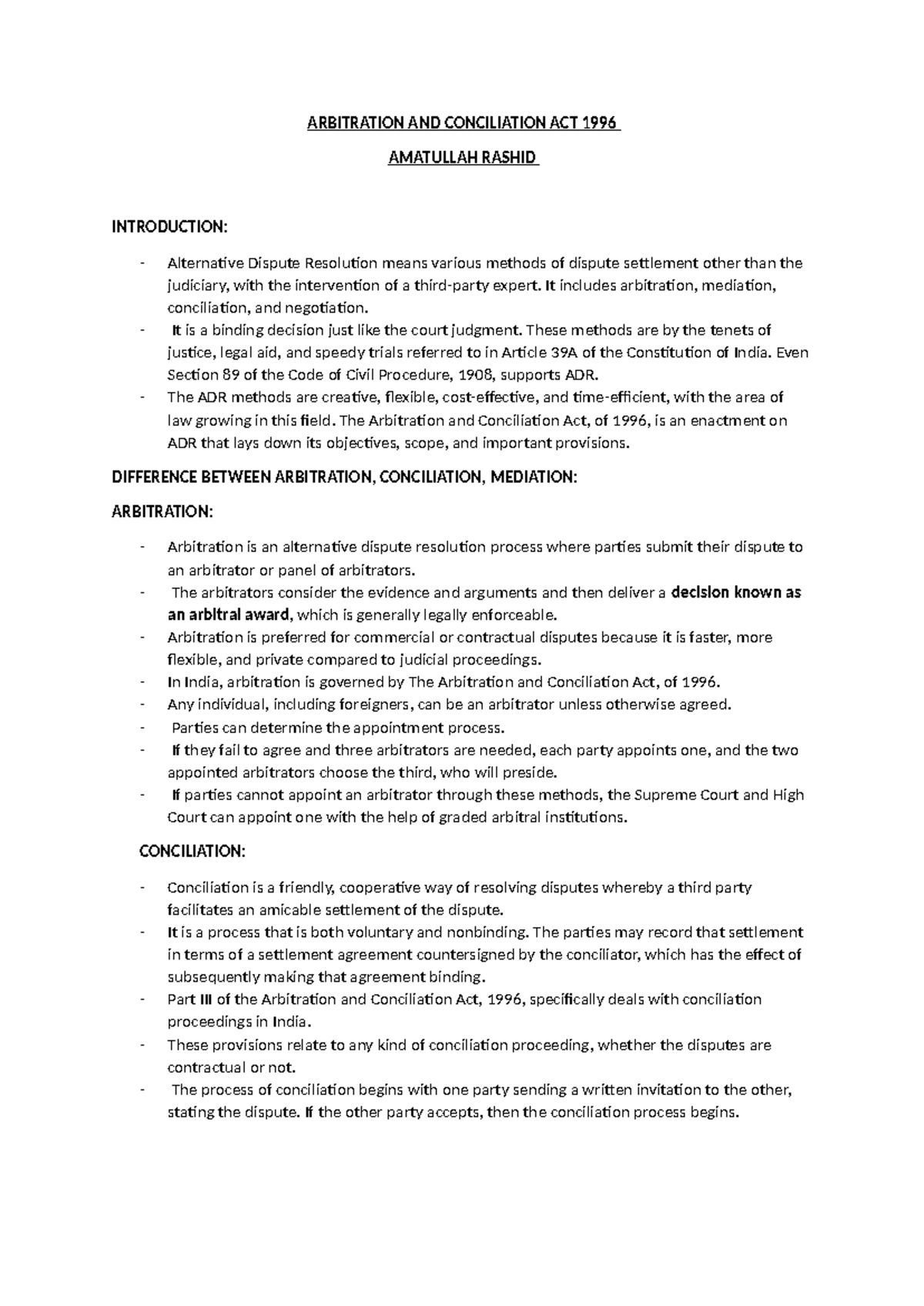 Arbitration AND Conciliation ACT 1996 - ARBITRATION AND CONCILIATION ...