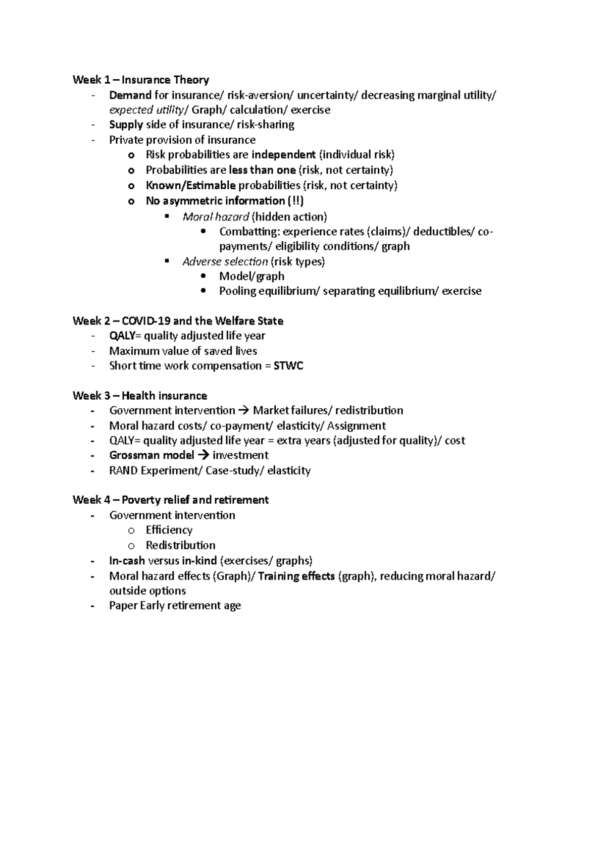 WSE- Important concepts - Week 1 – Insurance Theory - Demand for ...