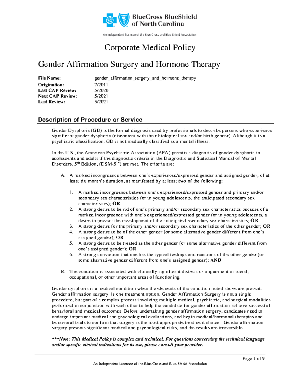 Gender Confirmation Surgery And Hormone Therapy Corporate Medical Policy Page 1 Of 9 Gender