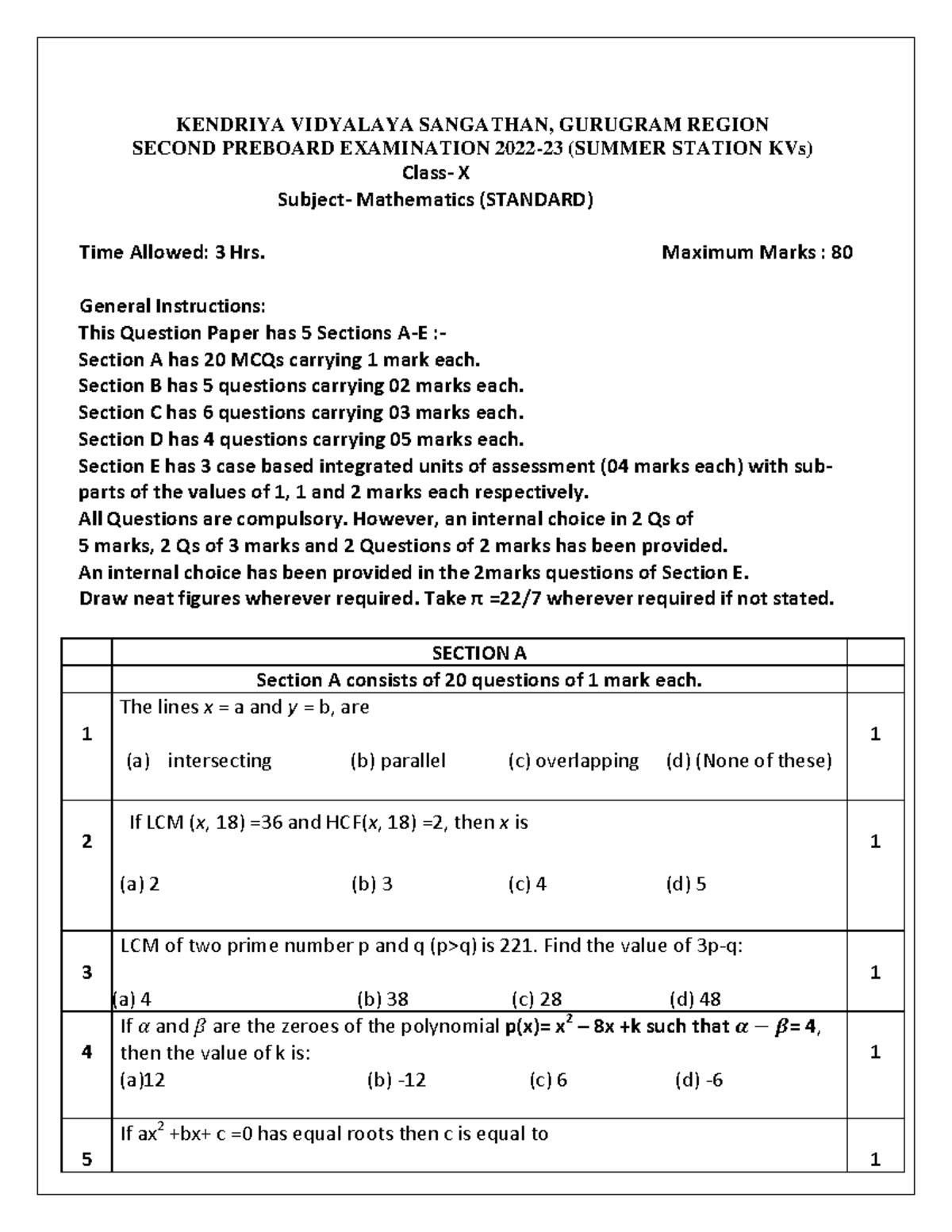 MATH S PB2 X 2022-23 QP - practice work - KENDRIYA VIDYALAYA SANGATHAN ...