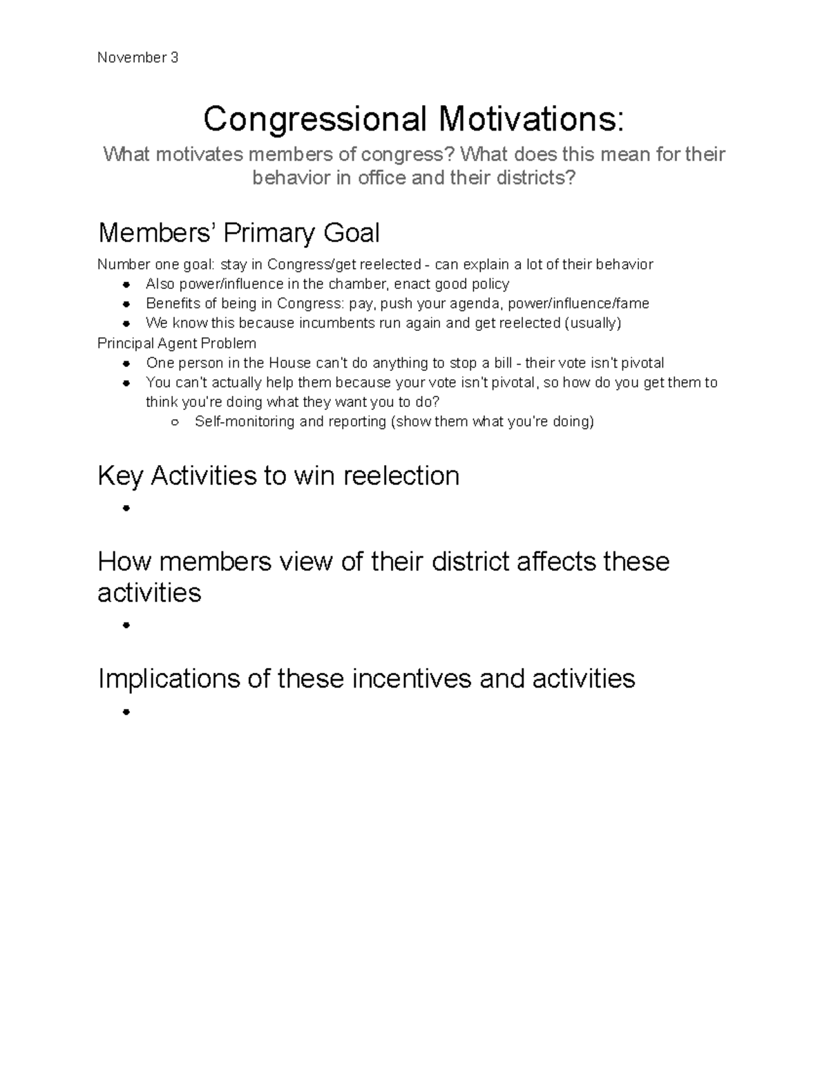 Lecture Congressional Motivations - November 3 Congressional ...
