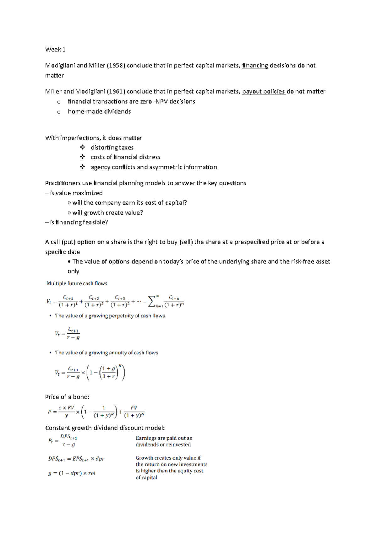 Capital summary - samenvatting alle chapters - Week 1 Modigliani and ...