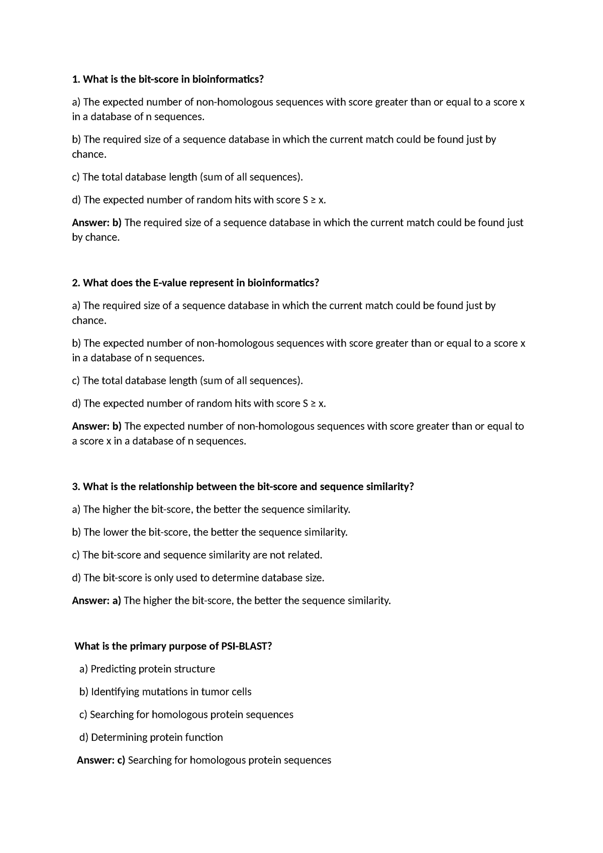 Oefen Toets Lec2 - What Is The Bit-score In Bioinformatics? A) The 