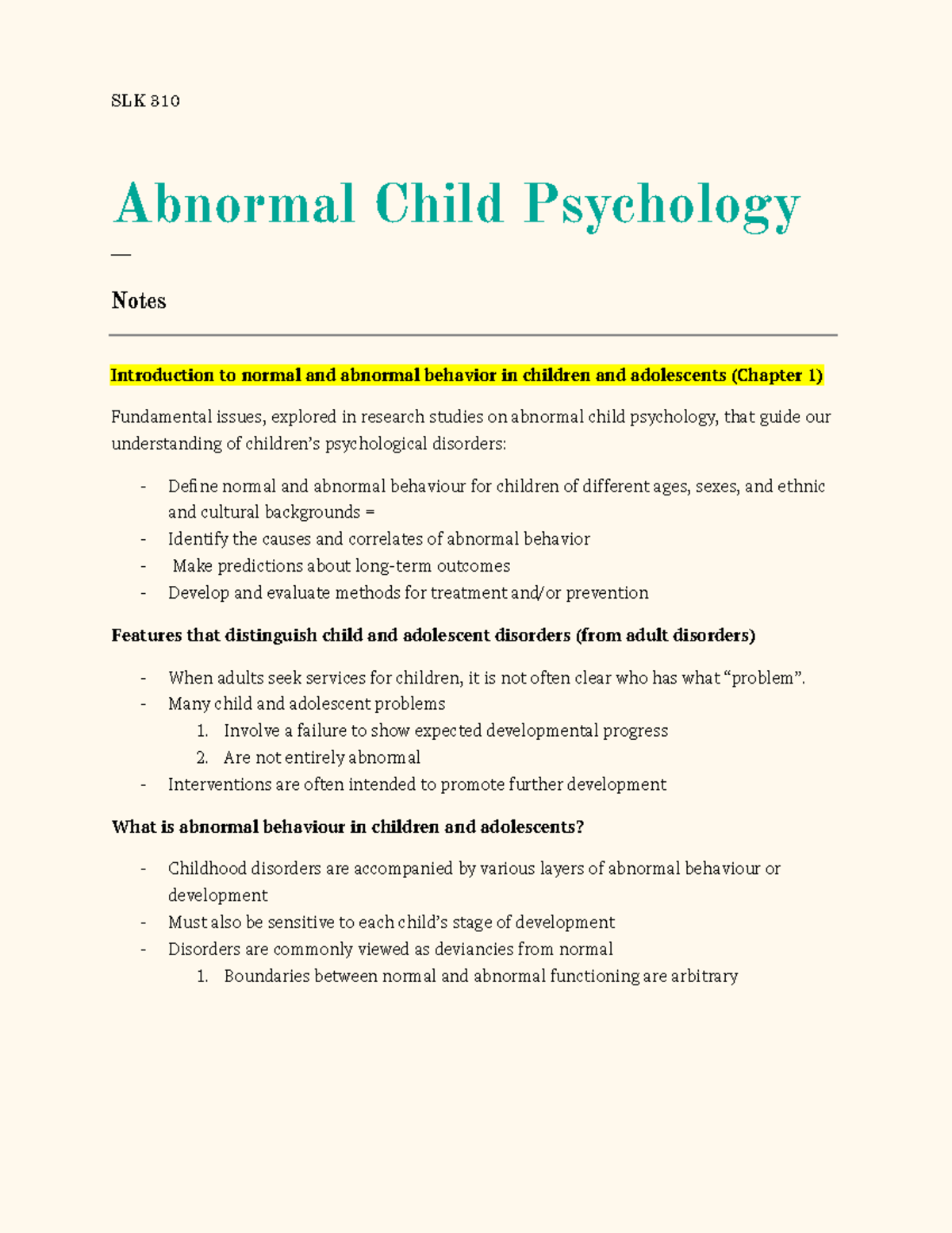 Class Notes - Slk 310 Abnormal Child Psychology     Notes Introduction 