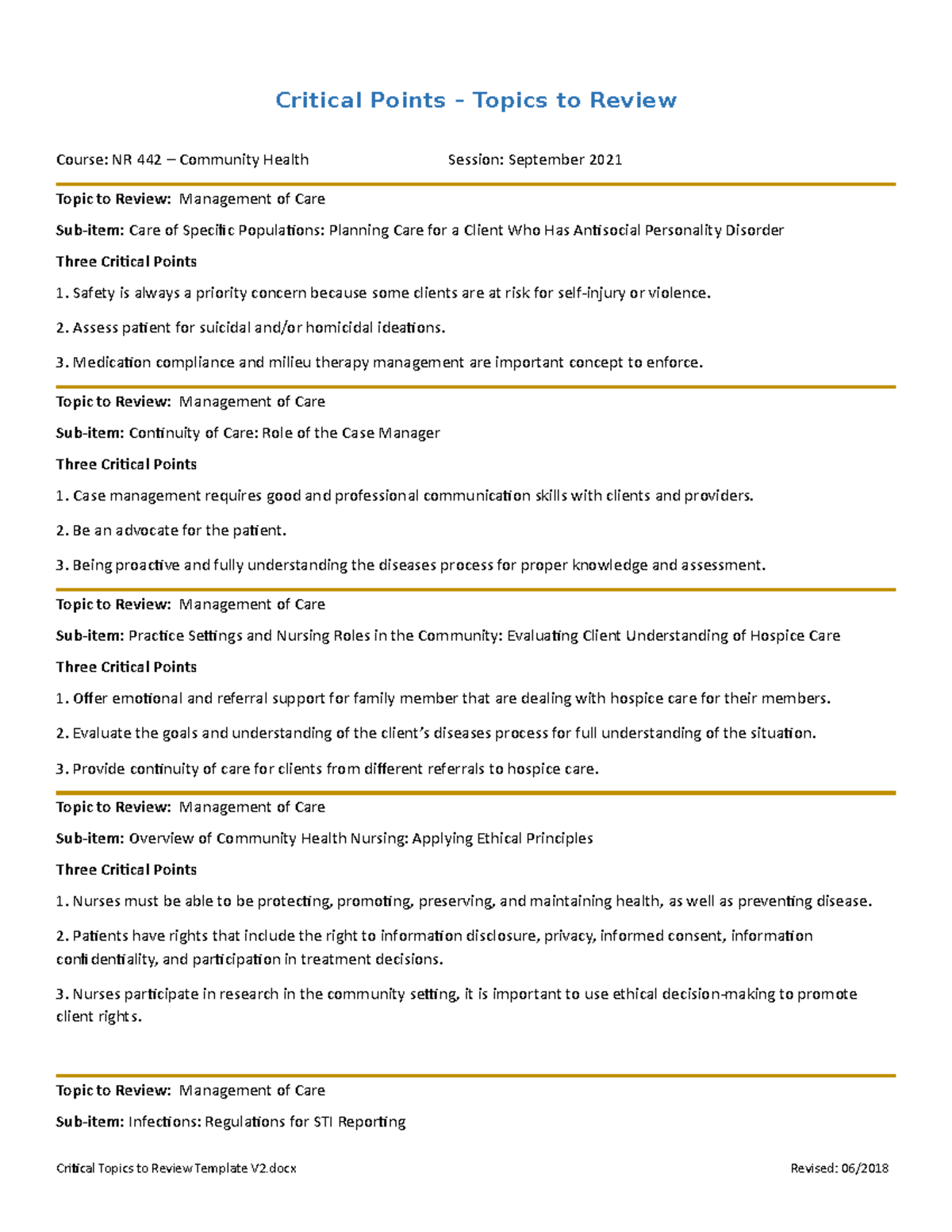 Critical Topics to Review Template - Course: NR 442 – Community Health ...