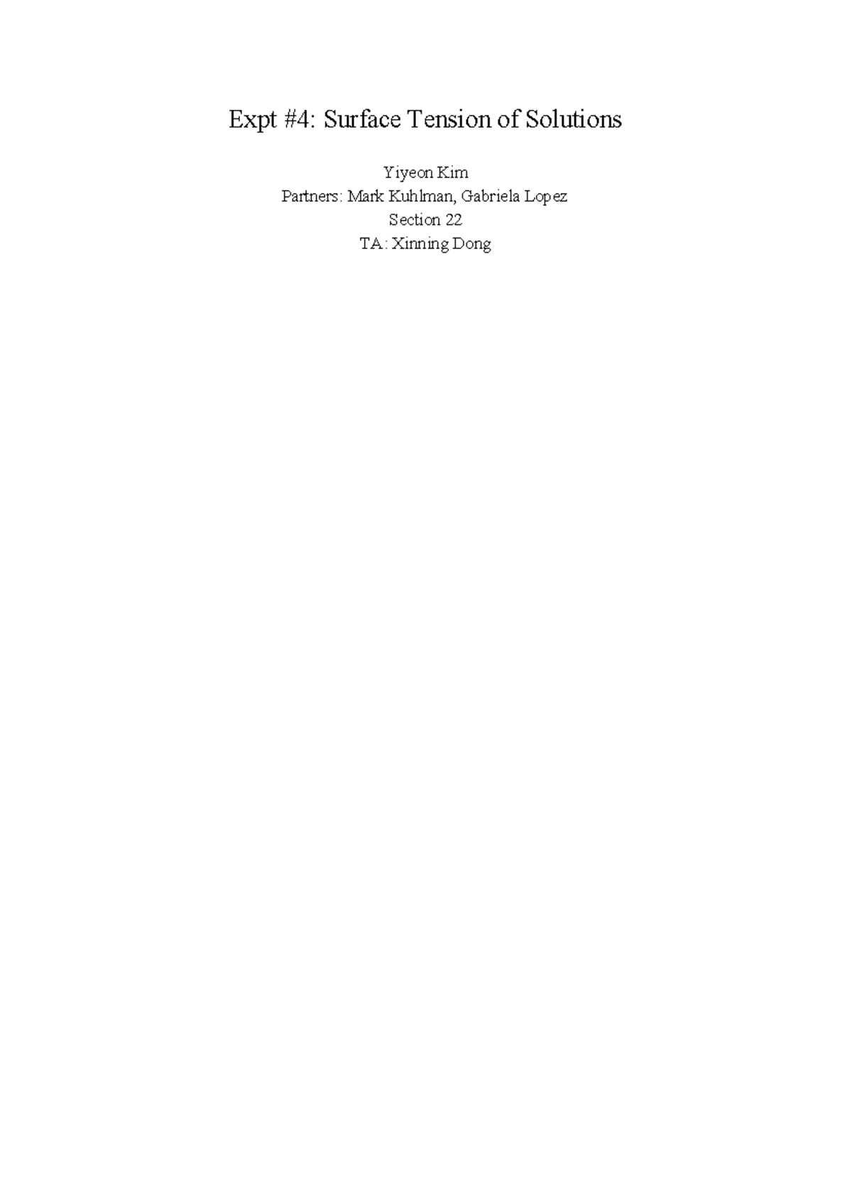 Lab Report 4 Surface tension of solution Expt 4 Surface Tension of