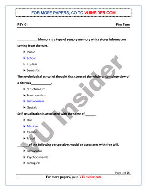 PSY101 MId Term Solved MCQS Downloaded From Vurank - PSY101 ...