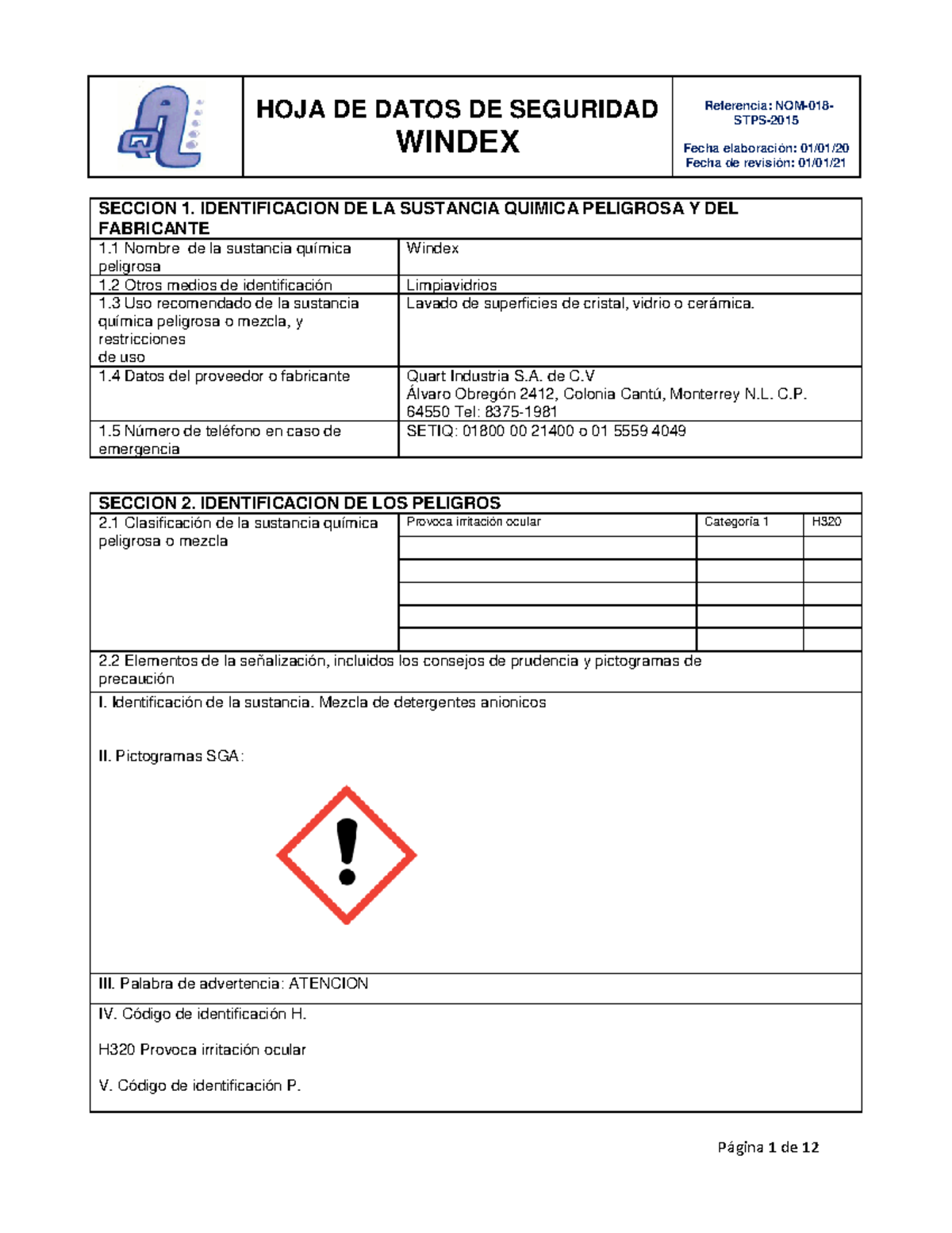 HDS Windex - HOJA DE DATOS DE SEGURIDAD WINDEX STPS- 2015 Fecha ...