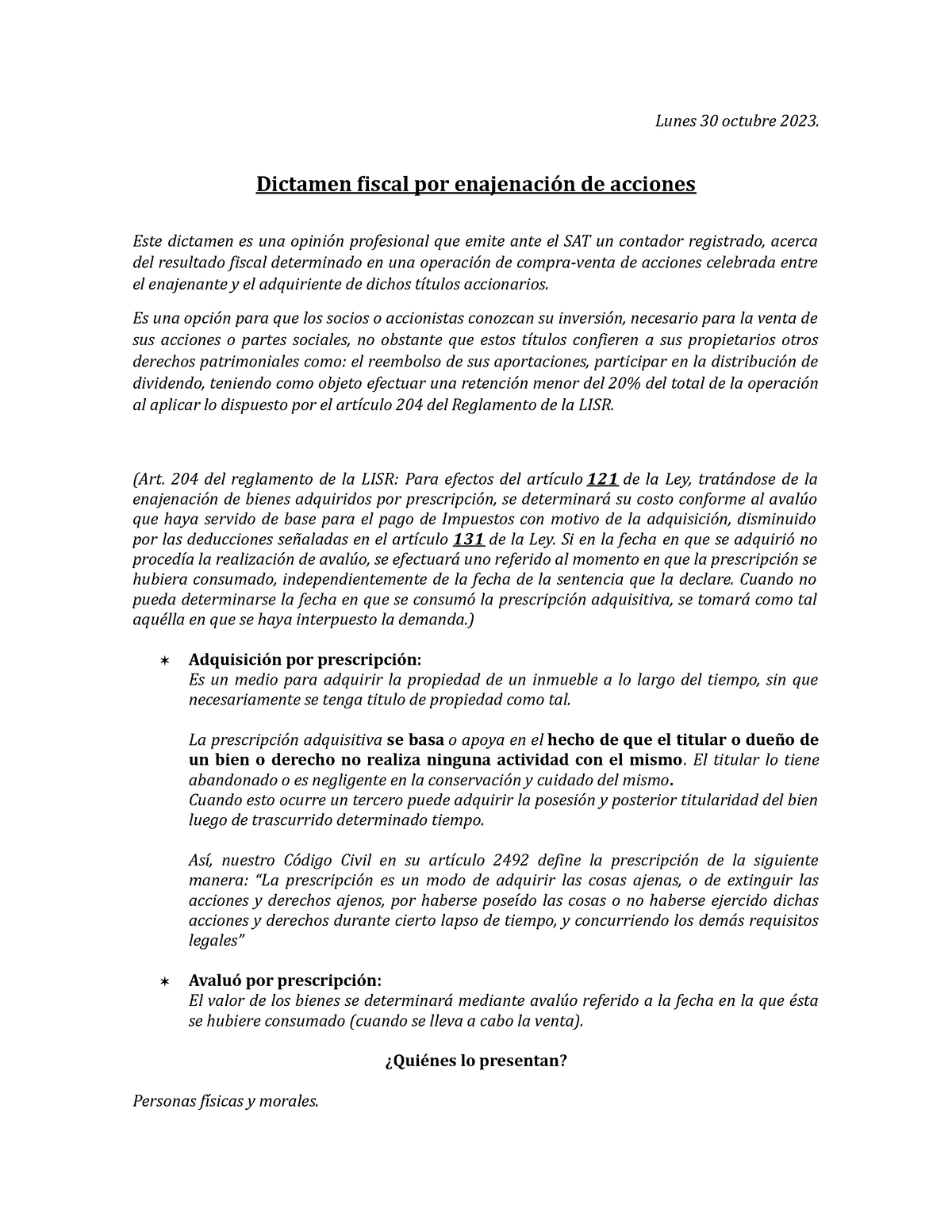 Dictamen Fiscal Por Enajenacion De Acciones Rbc Lunes 30 Octubre