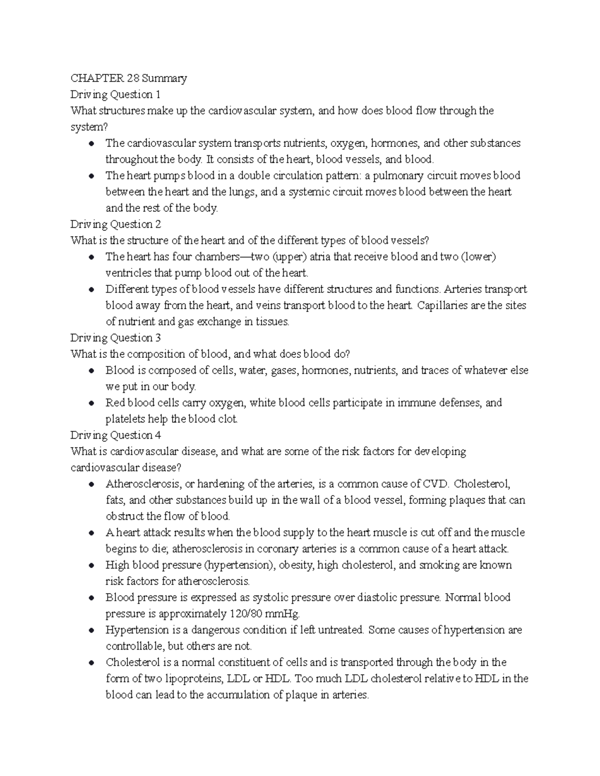 Cardiovascular System and Disease Summary - Studocu