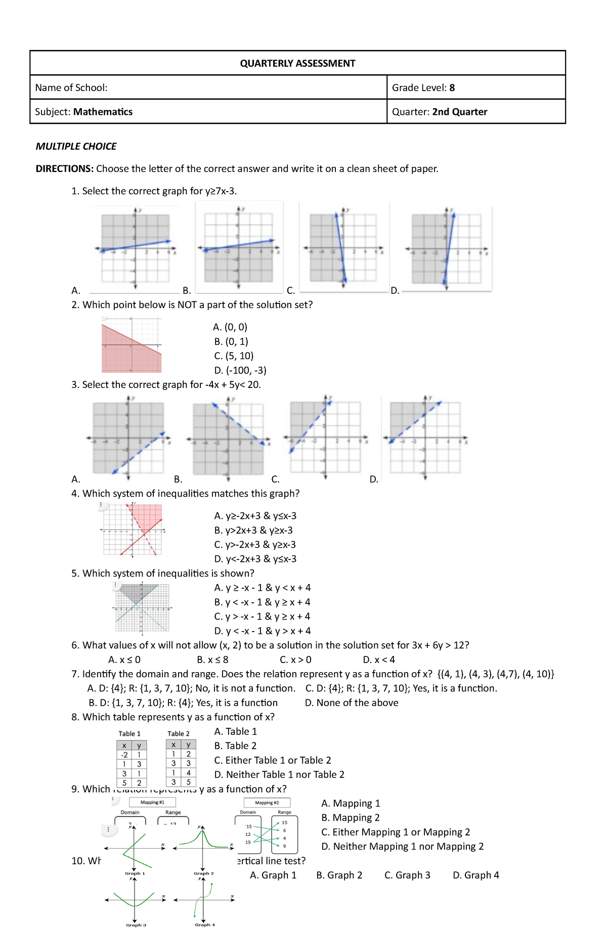 TEST Math8 Q2 - Test In Mathematics For Quarter. - QUARTERLY ASSESSMENT ...