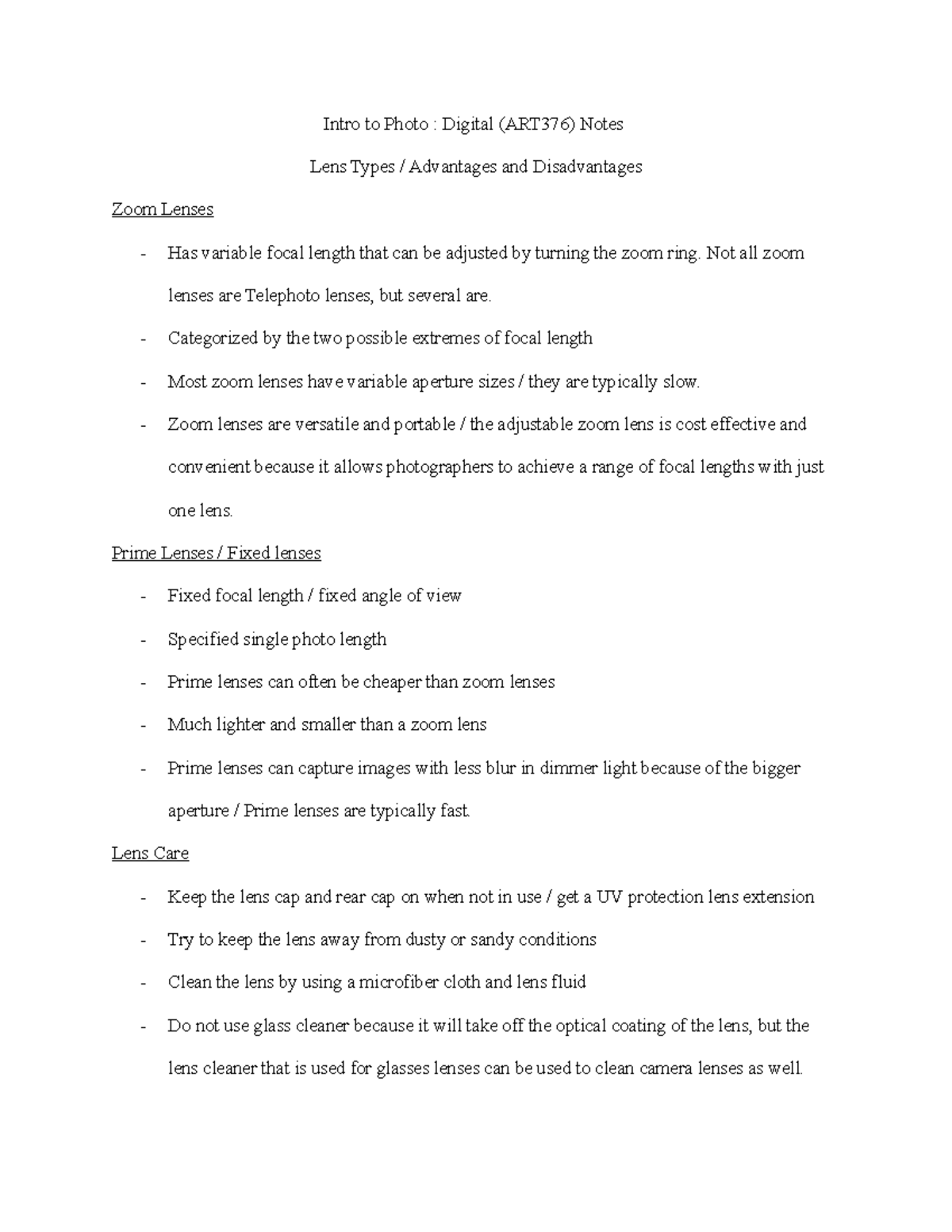 Lens Notes Intro to Photo Digital (ART376) Notes Lens Types