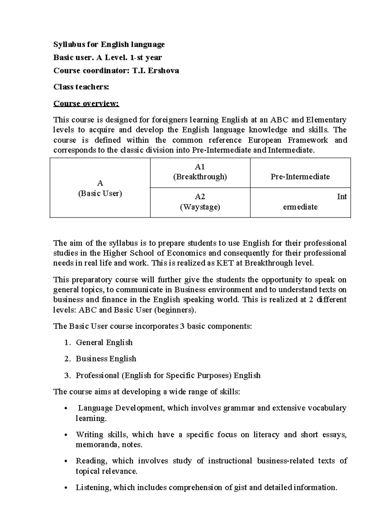 English for (1к) - Course - Syllabus for English language Basic user. A ...