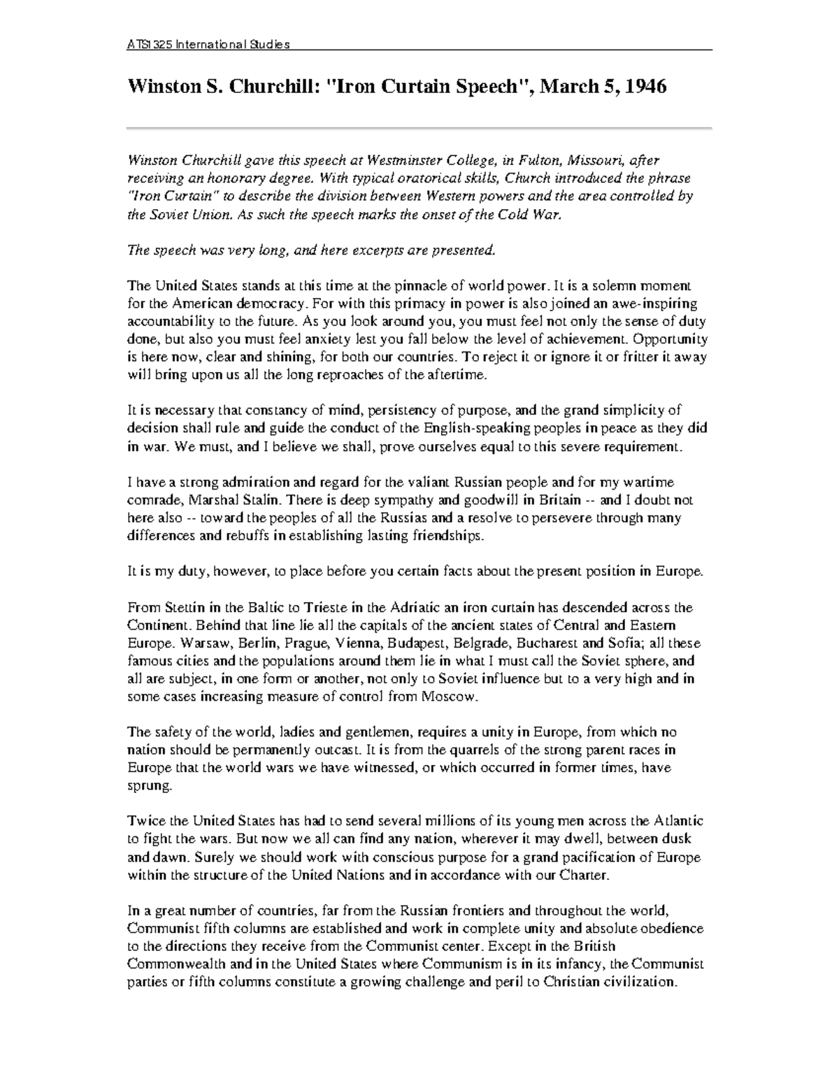 3.1 Churchill Iron Curtain speech and Stalin reply Winston S