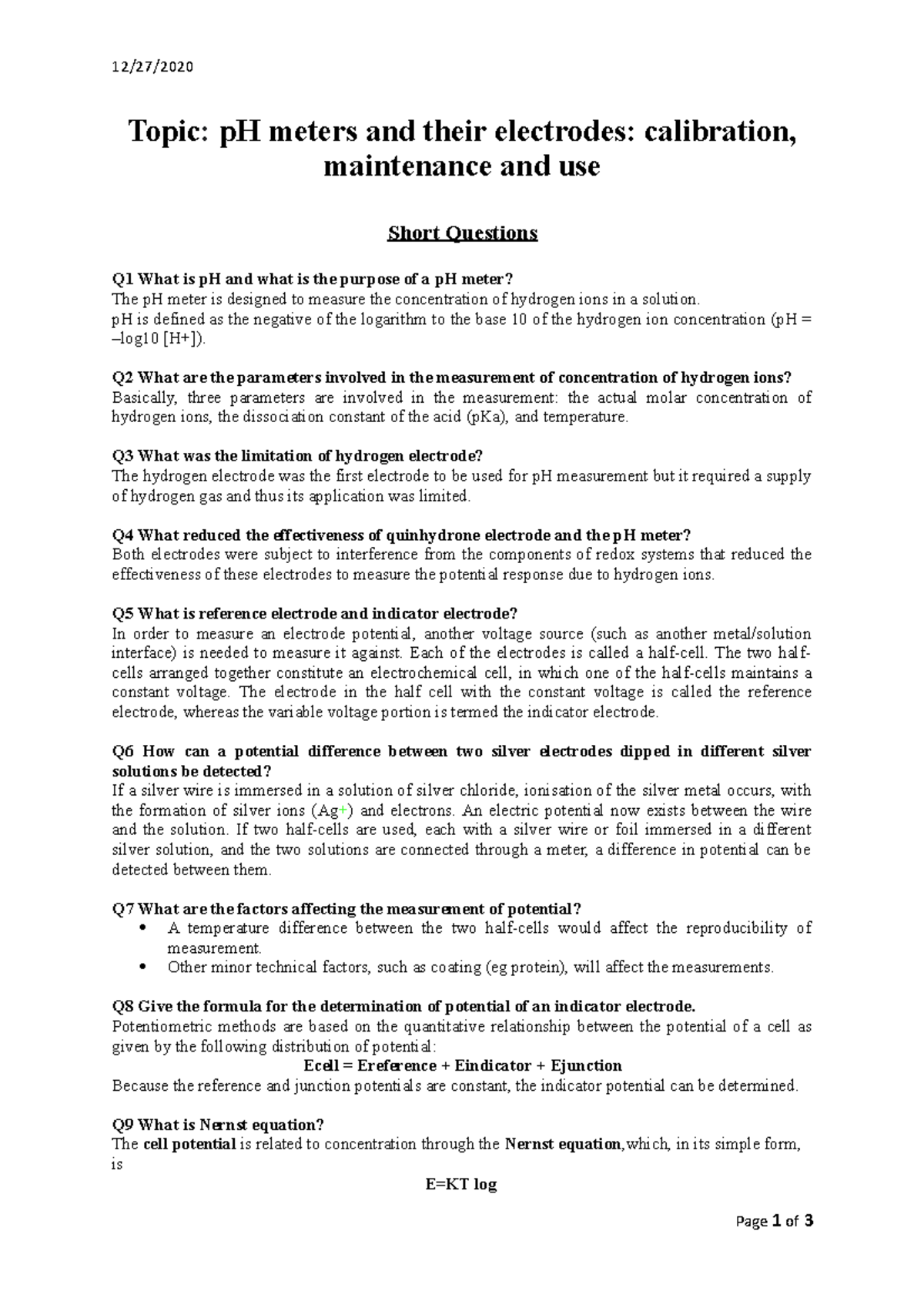 pH meters and their electrodes calibration, maintenance and use 12