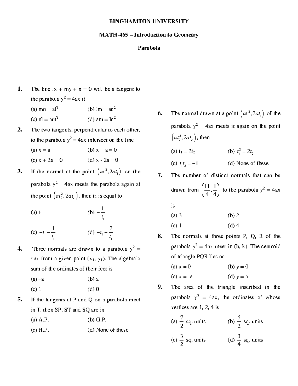 (5) Parabola - MATH-465 – Introduction to Geometry Parabola 1. The line ...