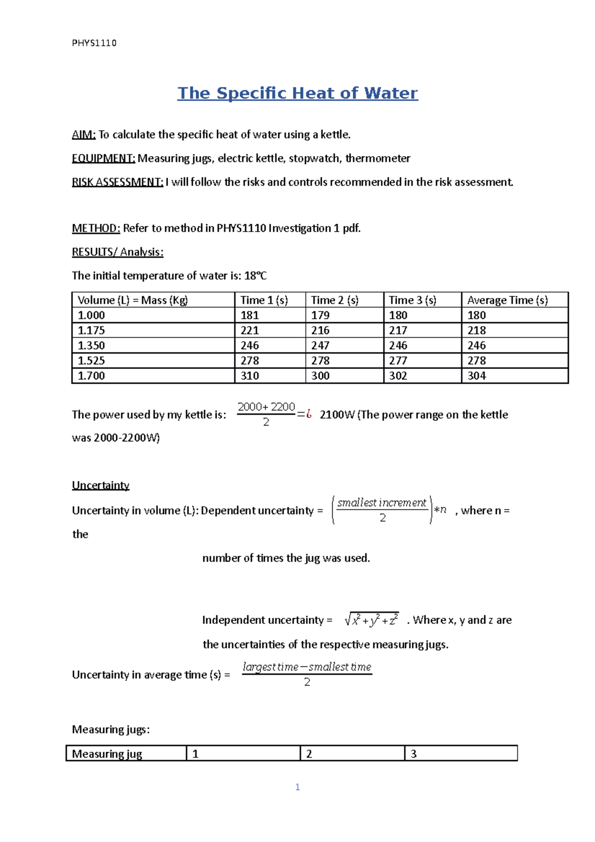 Investigation 1 Calculating the specific heat of water The Specific