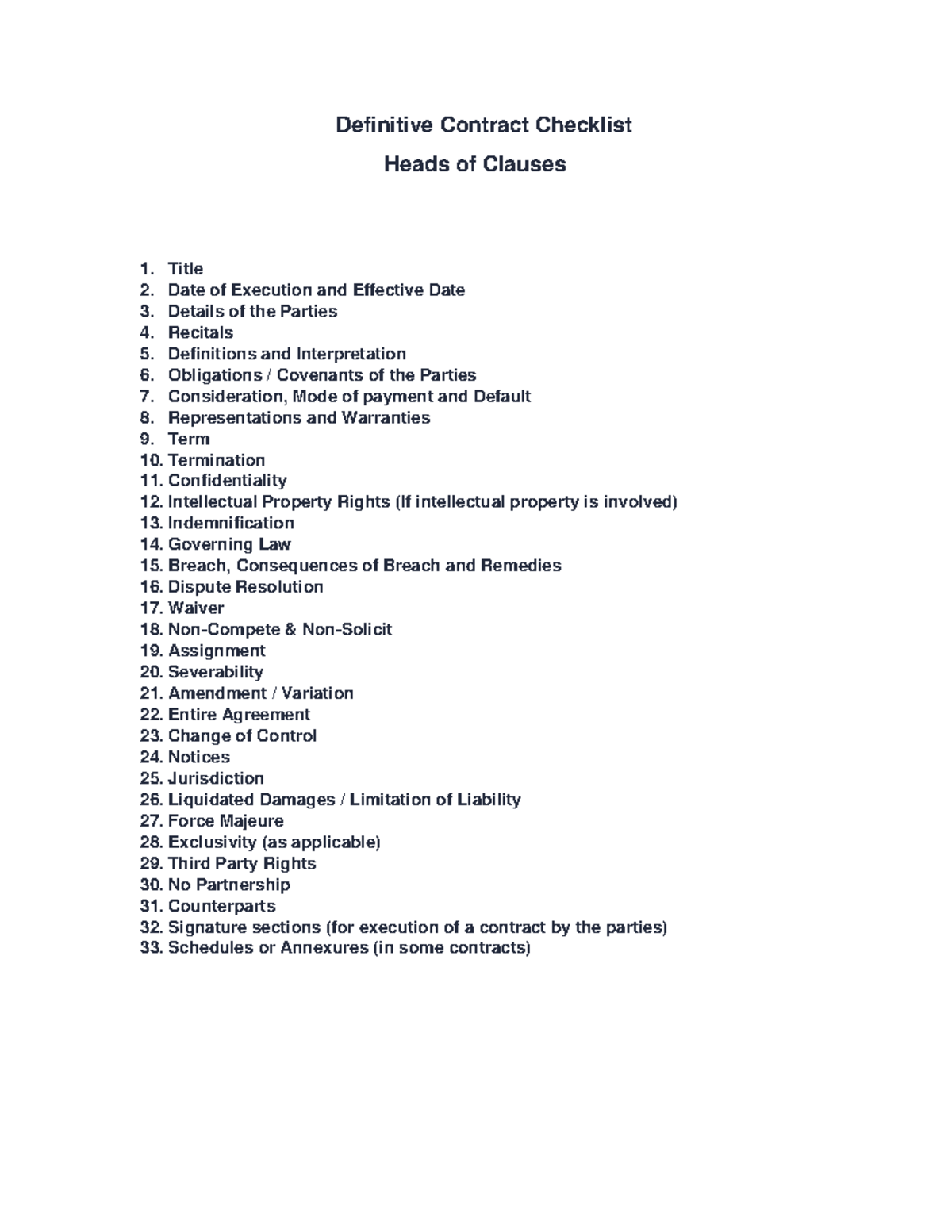 Definitive Contract Checklist - Studocu