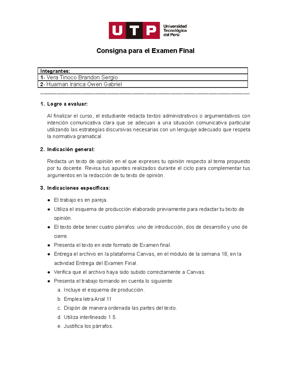 Examen Final DE Redaccion - Consigna Para El Examen Final Integrantes ...