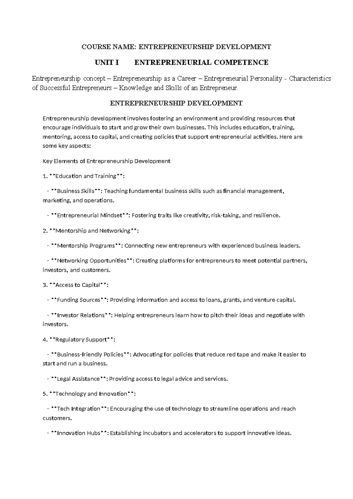 ED UNIT 1 Notes - GOOD - COURSE NAME: ENTREPRENEURSHIP DEVELOPMENT UNIT ...