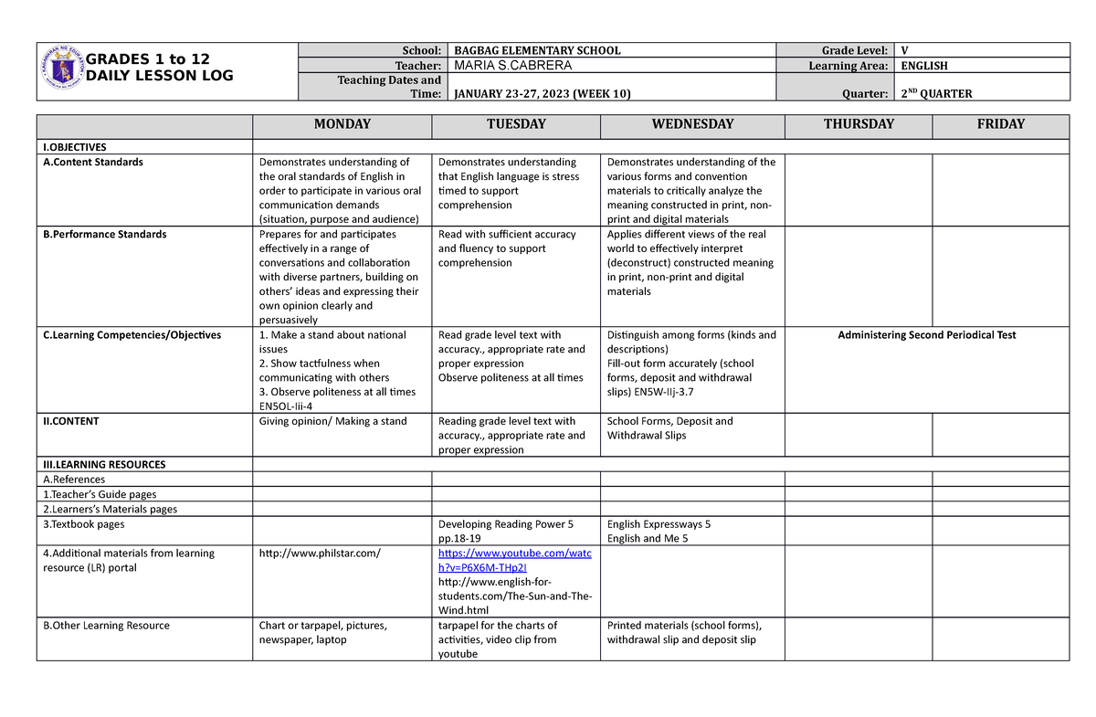 DLL English 5 Q2 W10 - DLL - GRADES 1 to 12 DAILY LESSON LOG School ...