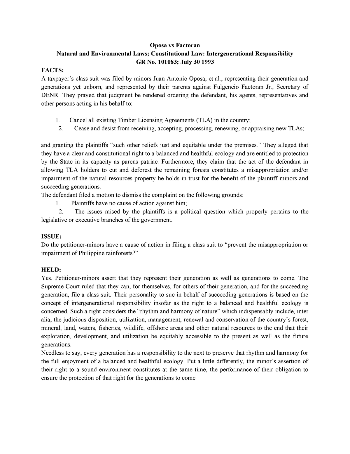 Oposa vs Factoran 1 - Case Digest - Oposa vs Factoran Natural and ...