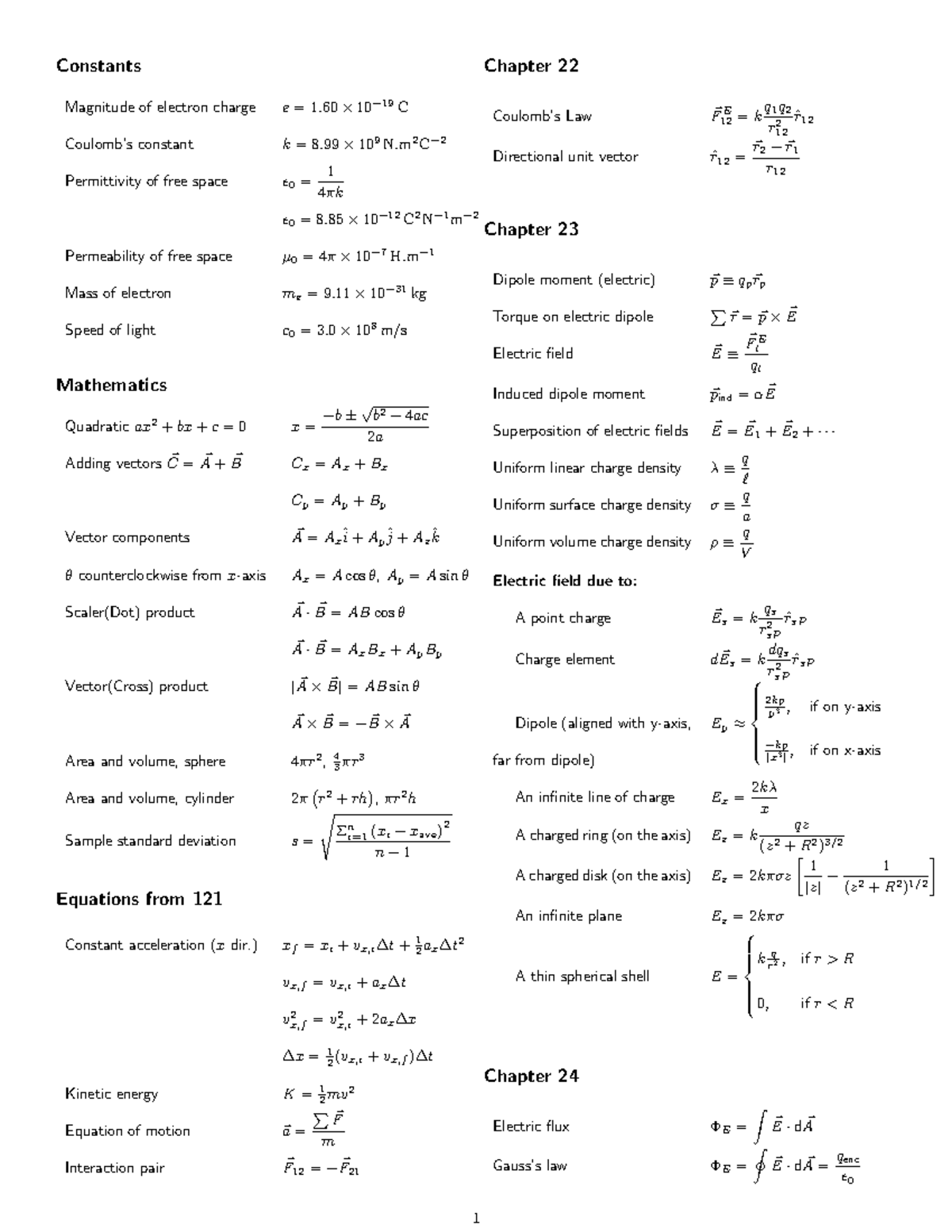 Equation sheet 122 final - Constants Magnitude of electron charge e = 1 ...