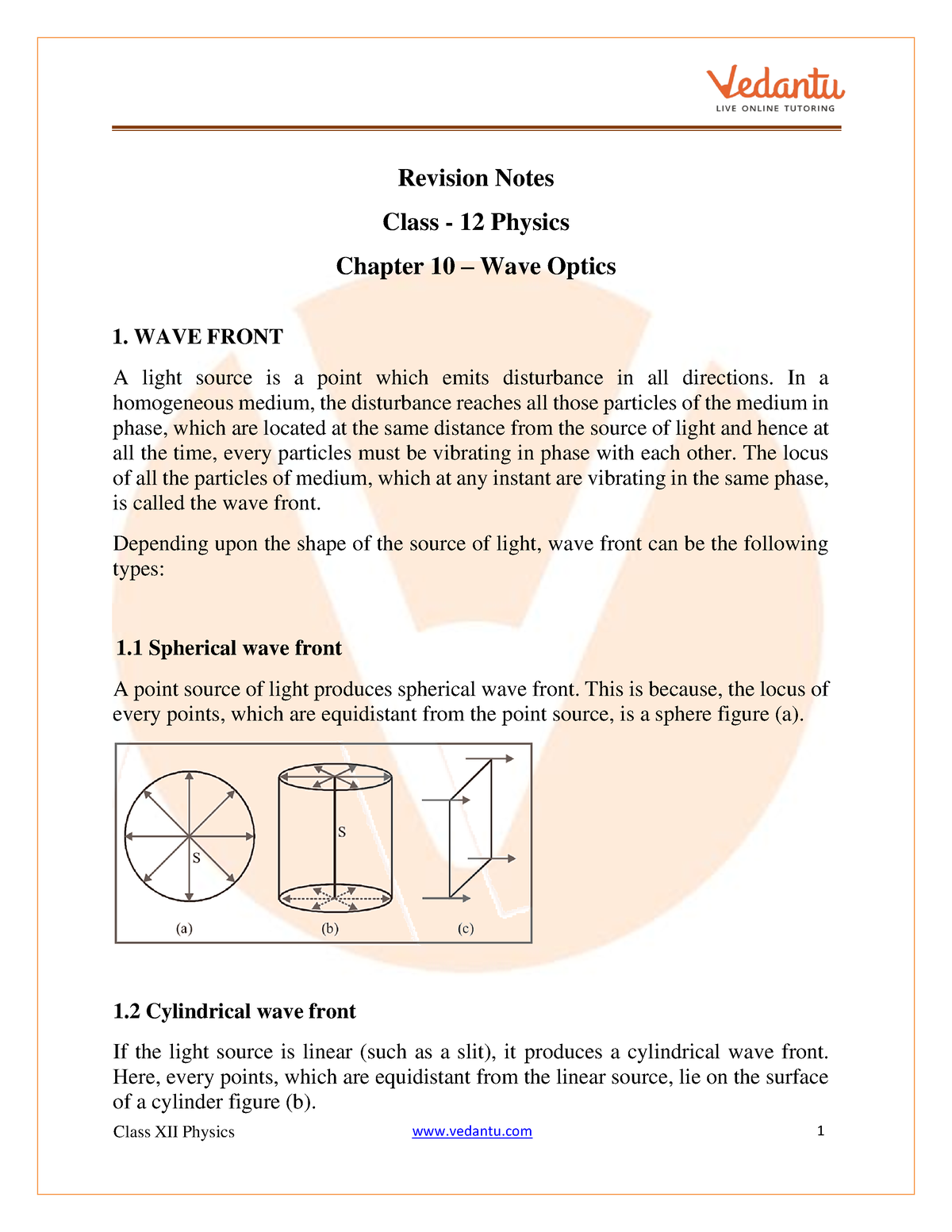 Class 12 Physics Revision Notes Wave Optics - Revision Notes Class - 12 ...