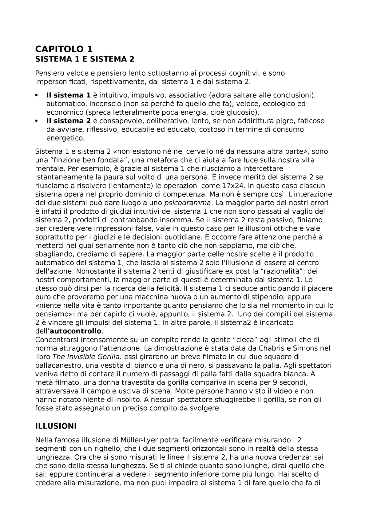 Pensieri lenti e veloci. Daniel Kahneman - CAPITOLO 1 SISTEMA 1 E SISTEMA 2 Pensiero  veloce e - Studocu