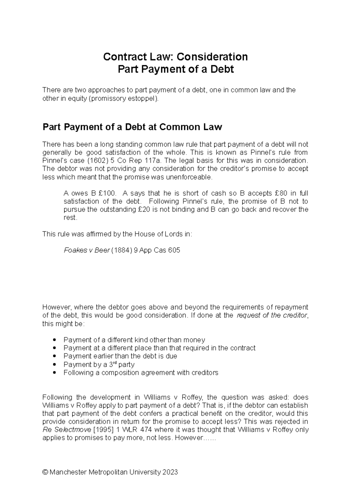 Promissory Estoppel And Part Payment Of A Debt Handout - Contract Law ...