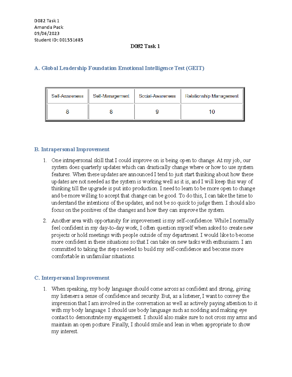 D082 Task 1 - Task 1 - D082 Task 1 Amanda Pack 09/06/ Student ID ...