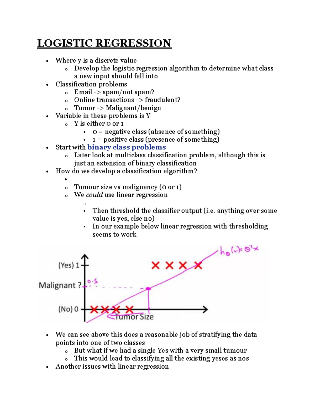 Algorithms Notes - LOGISTIC REGRESSION Where y is a discrete value o ...
