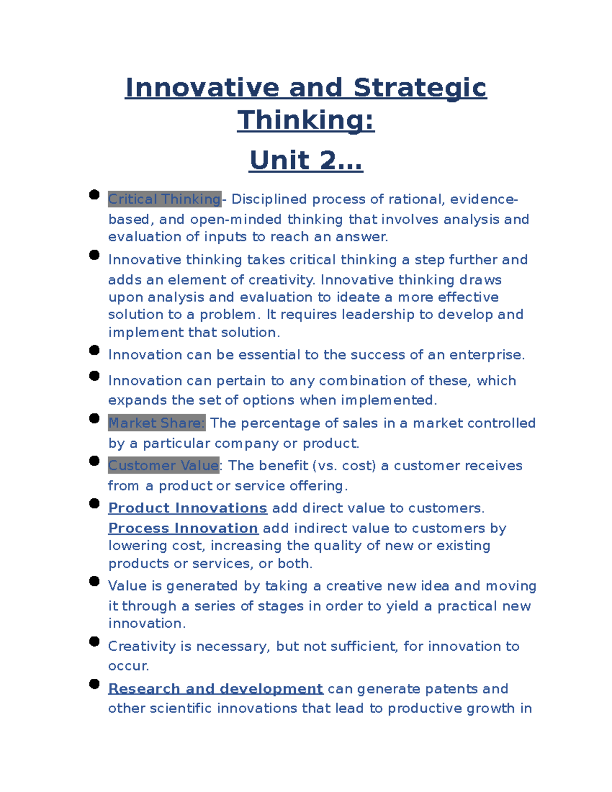 Innovative and Strategic Thinking Class Notes - Innovative and ...