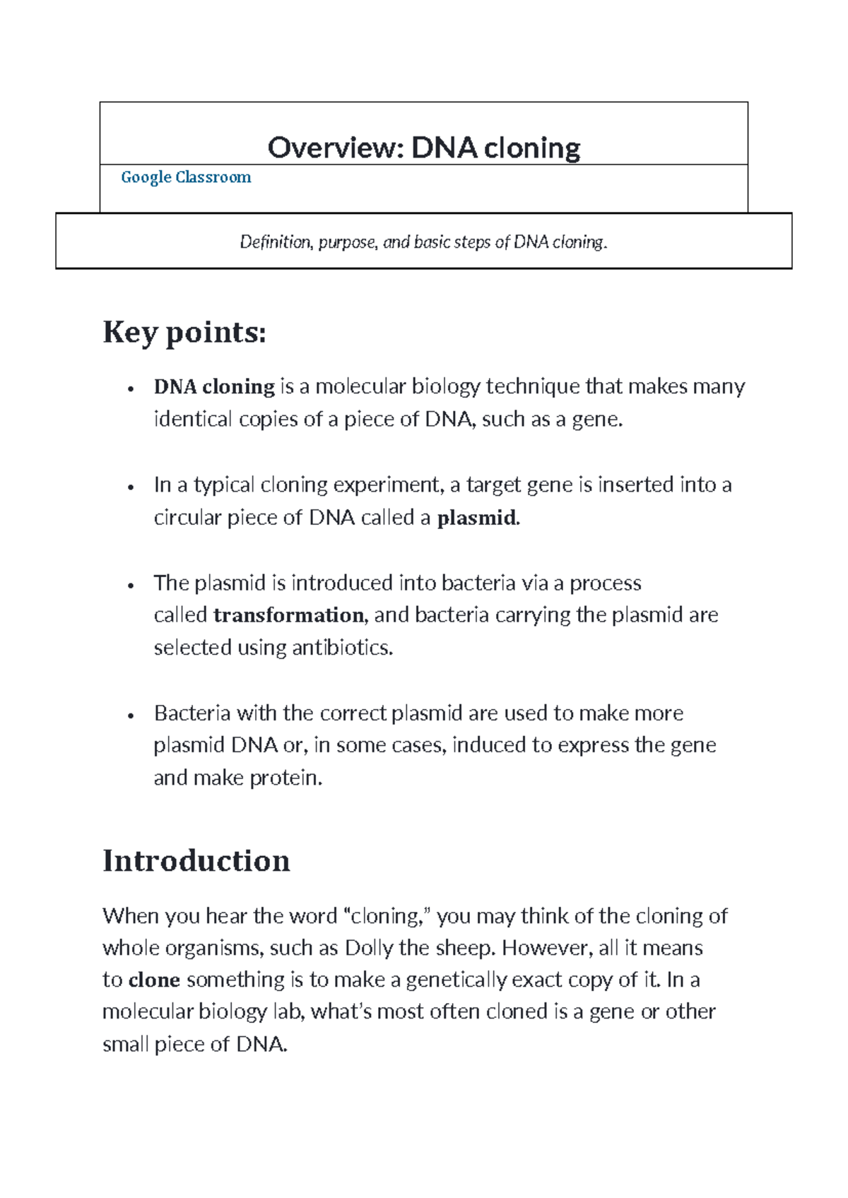 Overview dna cloningn - Overview: DNA cloning Google Classroom ...