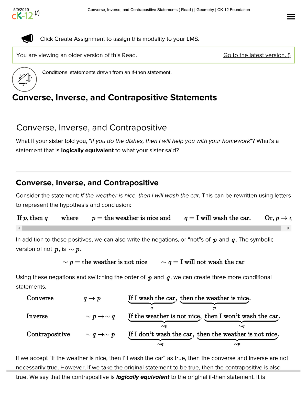 Converse Inverse And Contrapositive Statements Read Geometry CK 