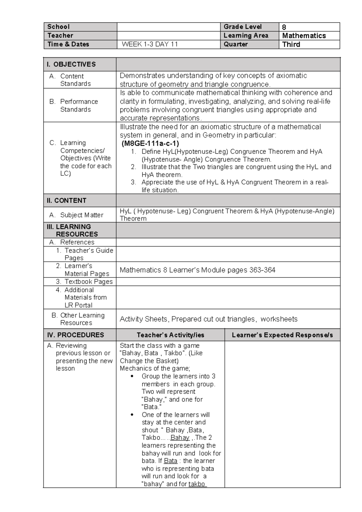 Grade 8 Mathematics School Grade Level 8 Teacher Learning Area