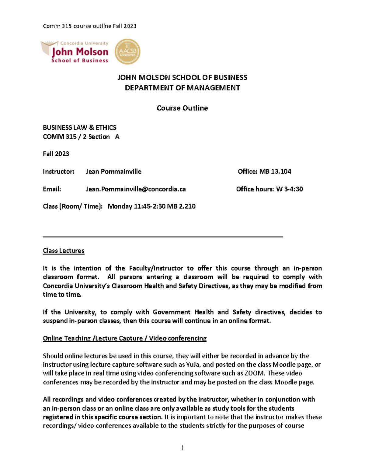Comm 315 outline Section A - JOHN MOLSON SCHOOL OF BUSINESS DEPARTMENT ...