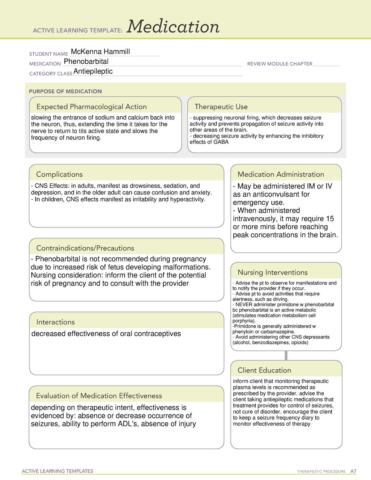 Phenobarbital ACTIVE LEARNING TEMPLATES TherapeuTic procedure A