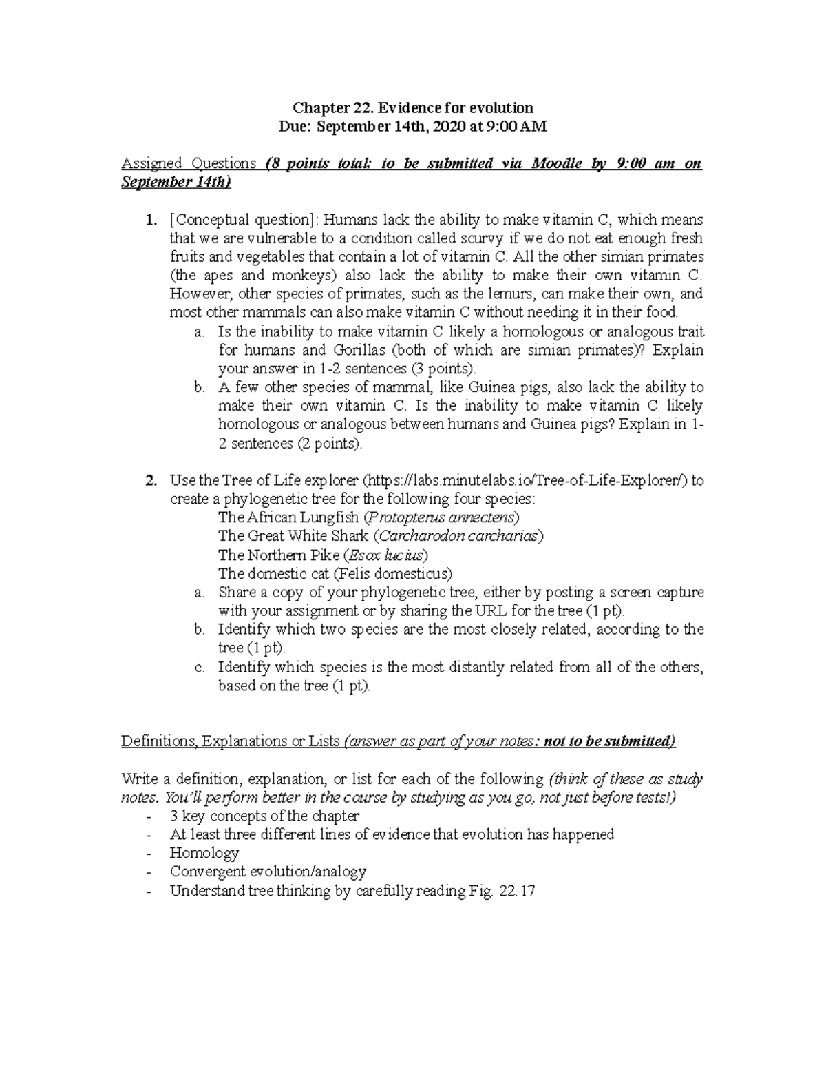 Assignment 1 Questons - Questions - Chapter 22. Evidence for evolution ...