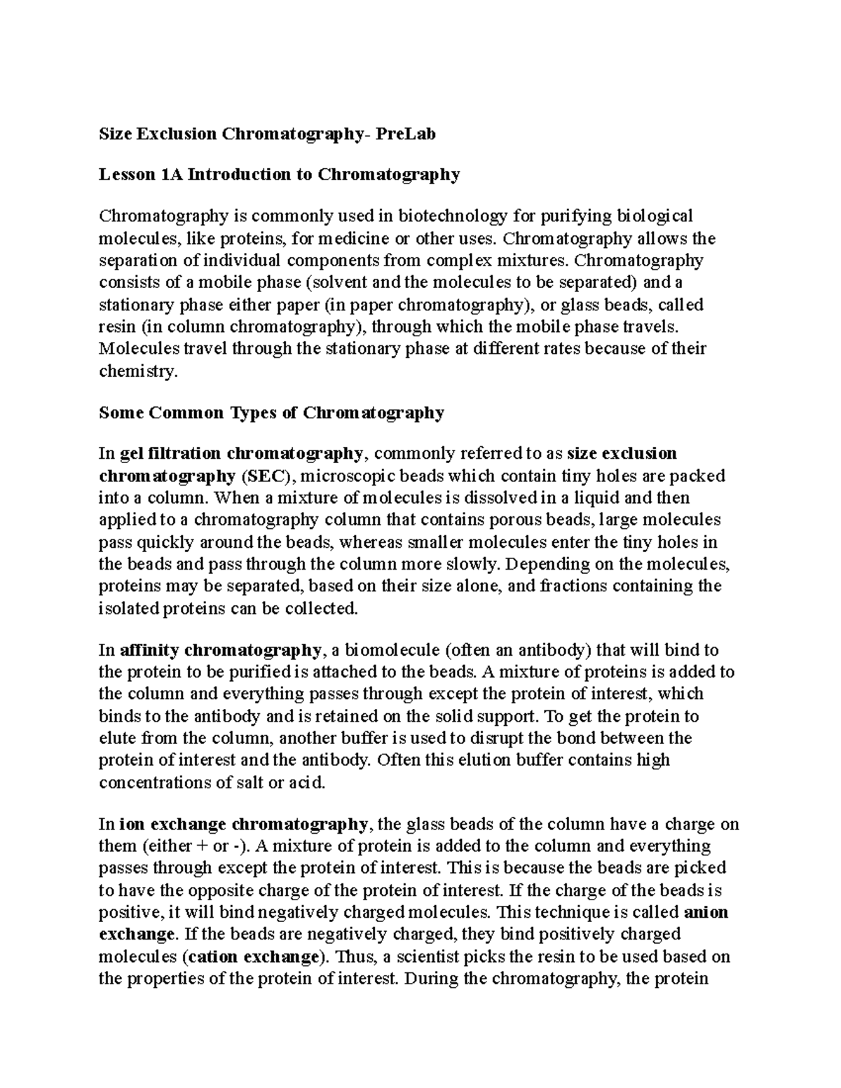 Size Exclusion Chromatography PreLab Size Exclusion Chromatography