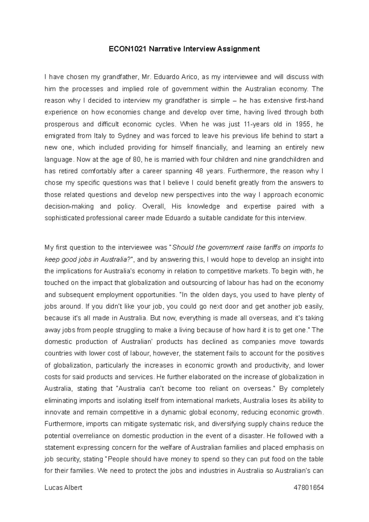 ECON1021 Narrative Interview Assignment - Eduardo Arico, as my ...