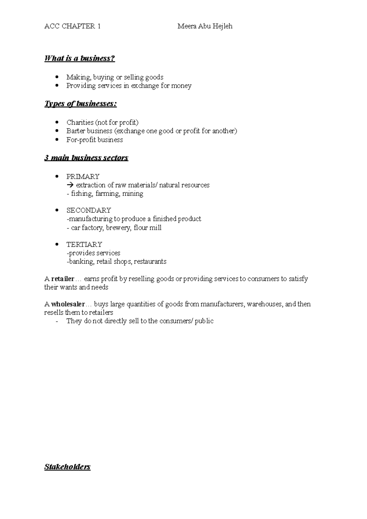 ACC Chapter 1 - Lecture notes 1 - What is a business? Making, buying or ...